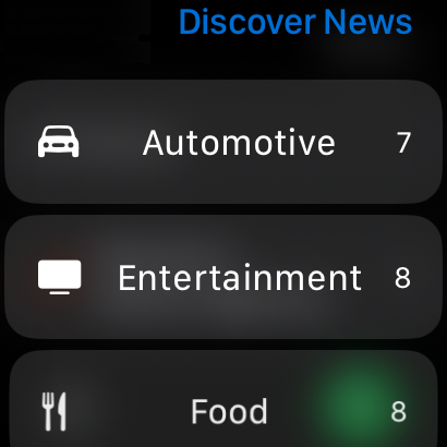 A partial screenshot of an apple watch app with some news categories visible.